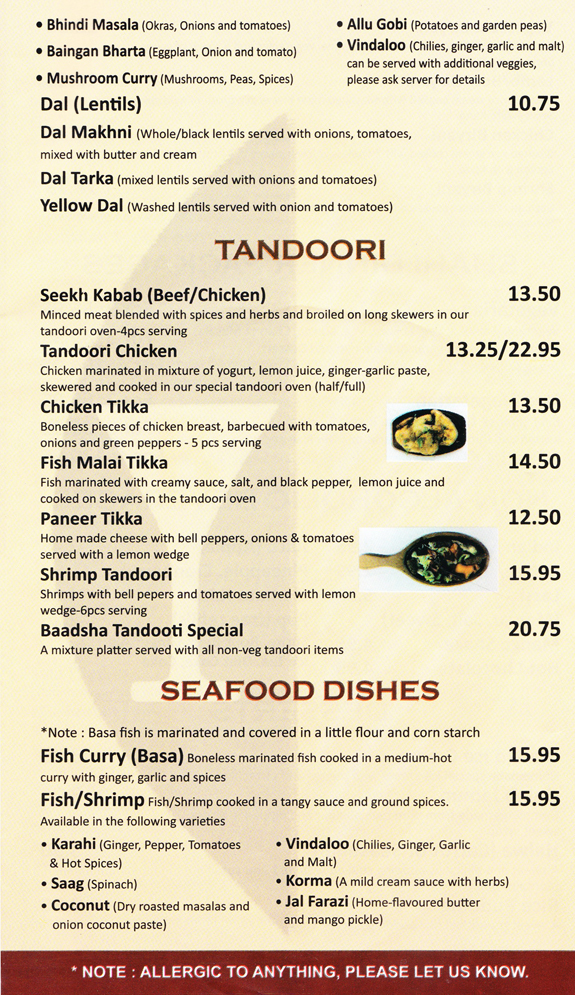 Baadshah Royal East Indian Cuisine Menu