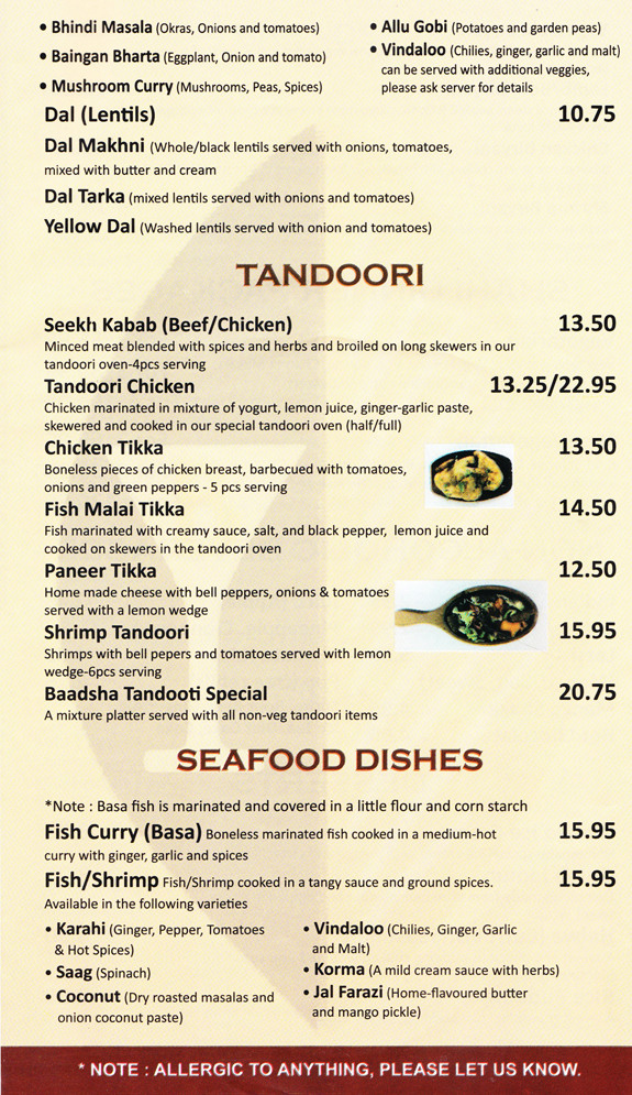 Baadshah Royal East Indian Cuisine Menu