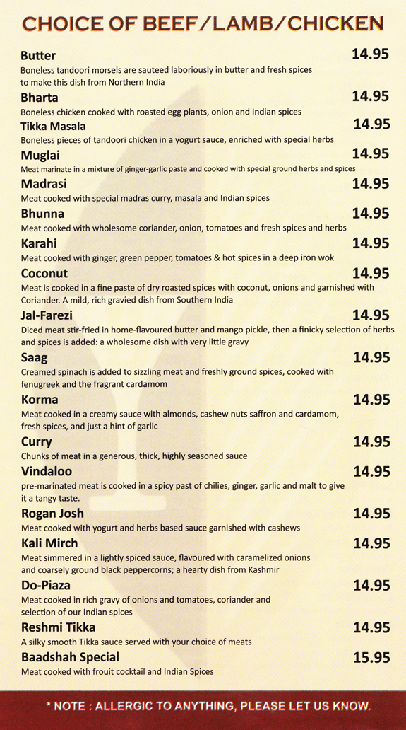 Baadshah Royal East Indian Cuisine Menu