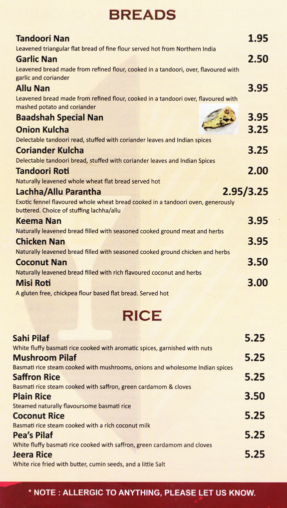 Baadshah Royal East Indian Cuisine Menu