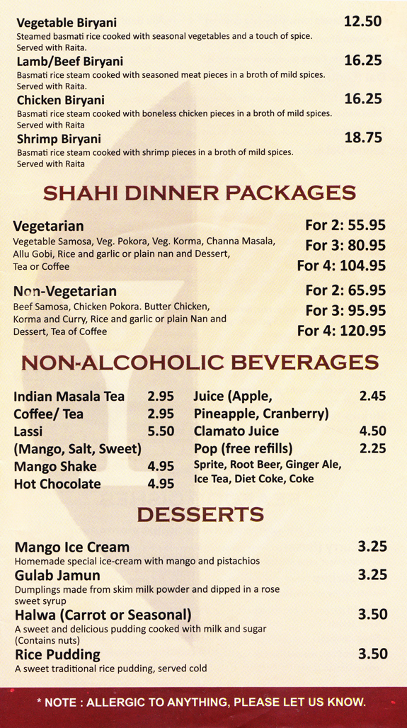 Baadshah Royal East Indian Cuisine Menu