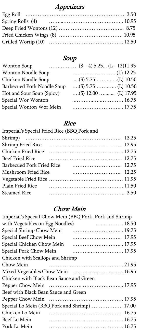 Imperial China Menu